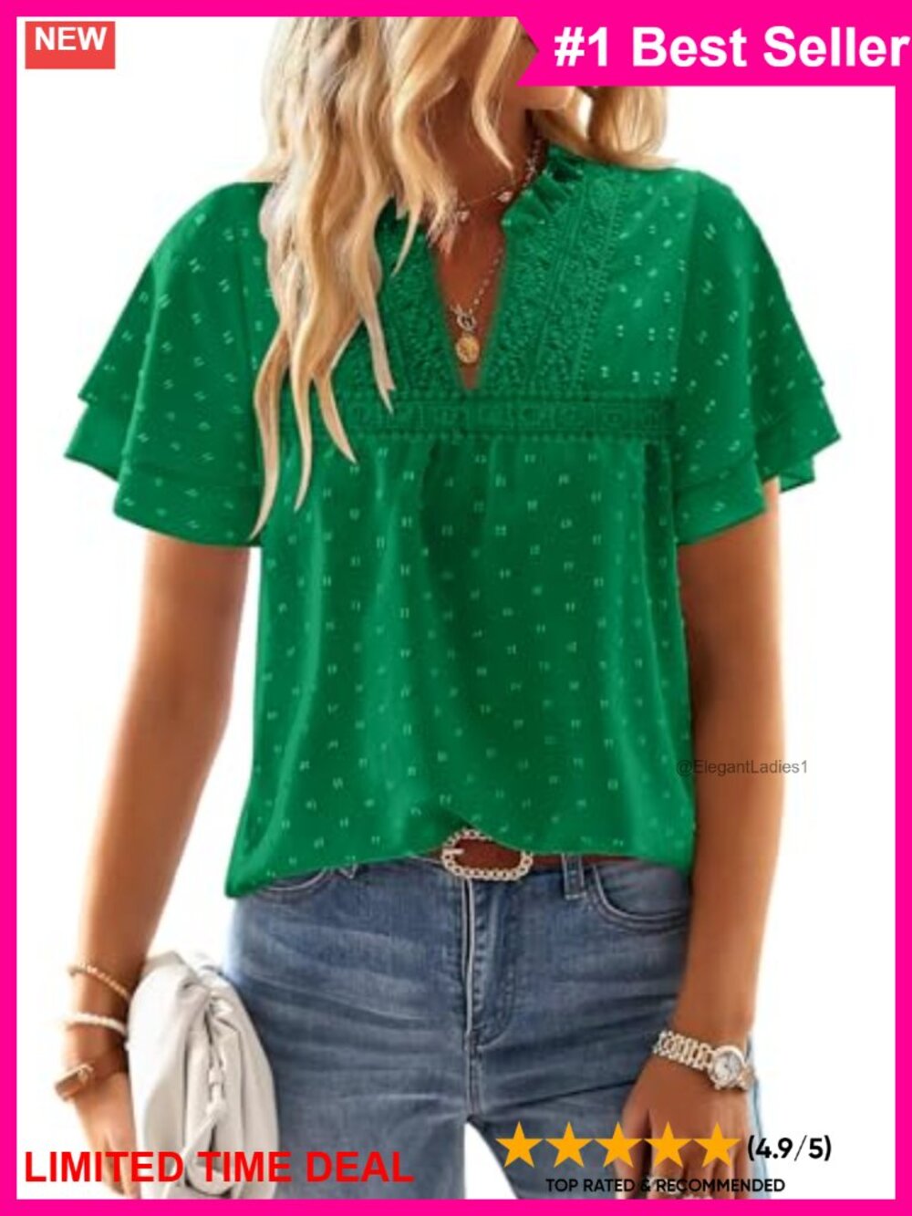 Womens Boho Swiss Dot V-Neck Ruffle Short Sleeve Tunic Blouse